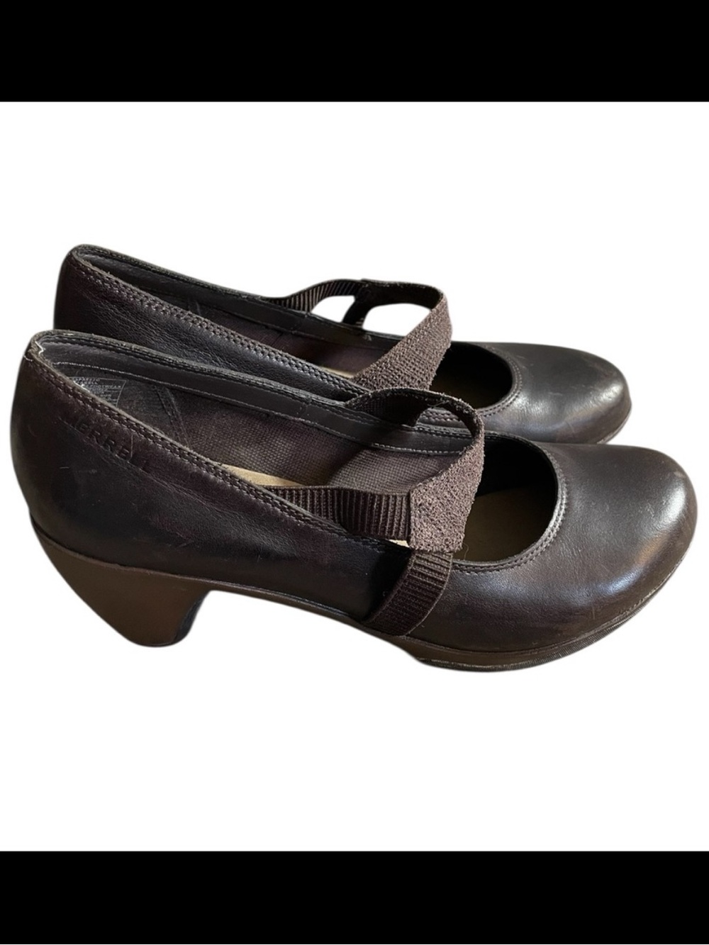 G4- Espresso Merrell Leather Mary Jane Heels with Elastic Strap size 8